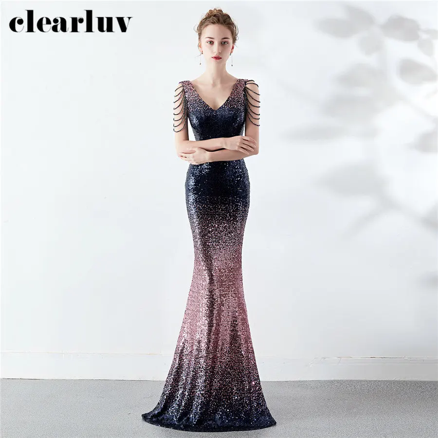 

Deep V-Neck Evening Dresses 2020 Plus Size Slim Formal Dress DX297-4 Gradient Color Robe De Soiree Sequins Women Party Dresses