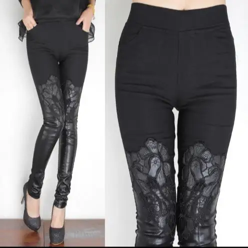 Winter Lace Skinny Leather pants Women Autumn Winter leggings Plus size Slim Fashion trousers Spring E17
