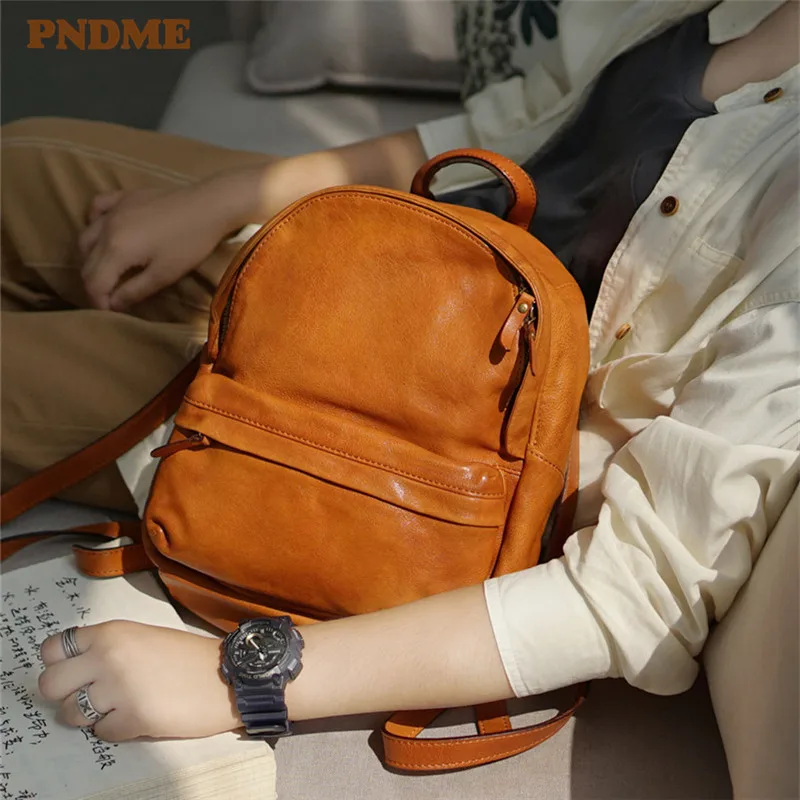 Free Shipping  PNDME fashion vintage high quality genuine leather ladies small backpack simple casual luxury trave