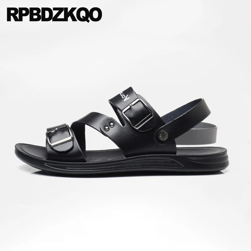 Мужские сандалии на плоской подошве синие кожаные Слиперы ремешке размер 46