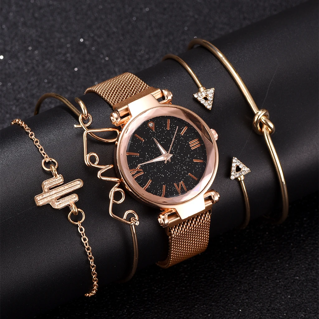 

Luxury Brand Rose Gold Starry Sky Dial Watches Women Ladies Crystal Bracelet Quartz Wrist Watch 5 PCS Set Relogio Feminino