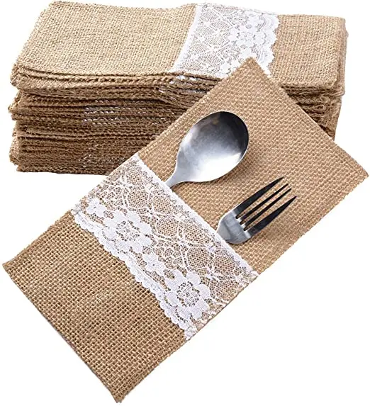 10pcs Natural Burlap Lace Napkin Holders Dishware Cover Bag Knifes Forks Storage Pouch for Wedding Party Decoration 
