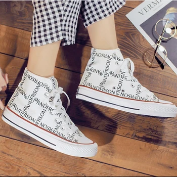 

2020 Spring New High-top Letters Joint Name Harajuku Basic Classic Fashion Casual Flat Womens White Canvas Shoes Breathable