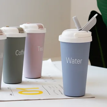 

Korea Lovely Thermos Cup 500ml Teenage Student Simple Art with Straw Water Bottle Portable Creative Stainless Steel Thermos