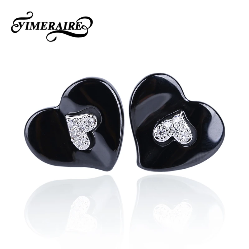TUHE, женские серьги-гвоздики с двойным сердцем, классические, черные, белые, керамические, хрустальные, для свадьбы, вечеринки, серьги, модные украшения, свадебная часть, подарок