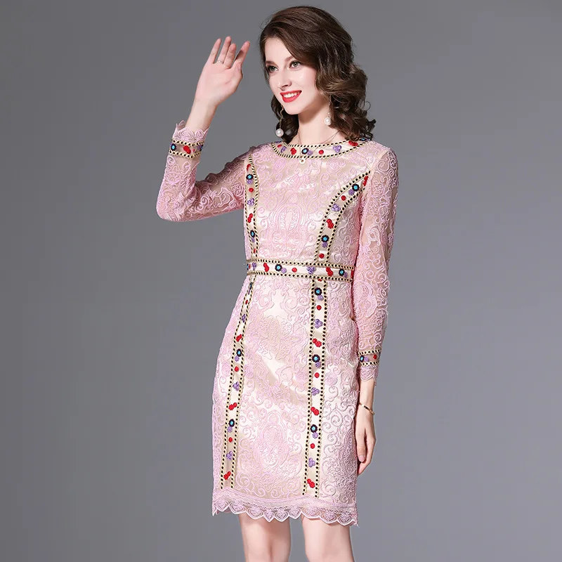 

Solid Color Embroidered Dress 2020 Autumn New Beaded Nine-quarter Sleeve Waist Slimming Hip Women's Clothing