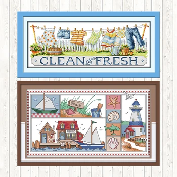 

Impression of Seaside Cartoon Patterns DIY Embroidery Kit Drying The Clothes Printing Painting Cross Stitch Kits Needlework Sets