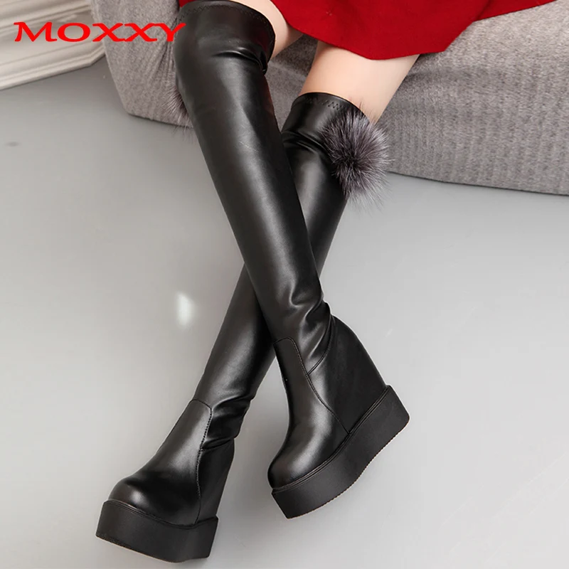 

2019 Leather Thigh High Boots Platform Winter Boots Women Over the Knee Boots Black High Heels Long Boots Fur Plush Shoes Woman