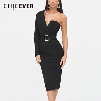 

CHICEVER Irregular Side Split Women's Dresses Asymmetrical Collar One Shoulder High Waist With Sashes Sexy Dress Female Tide
