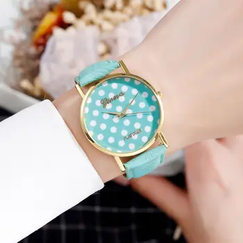 

Women Watch Luxury Ladies Polka Dot Watch Contrast Color Leather Quartz Couple Watch Casual Clocks Relogio Feminino Green