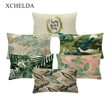

Fur Linen Cushion Cover Decorative Nordic Style Pillowcase Tropical Botanic Leaves 30*50 Green Leaf Throw Pillow Case