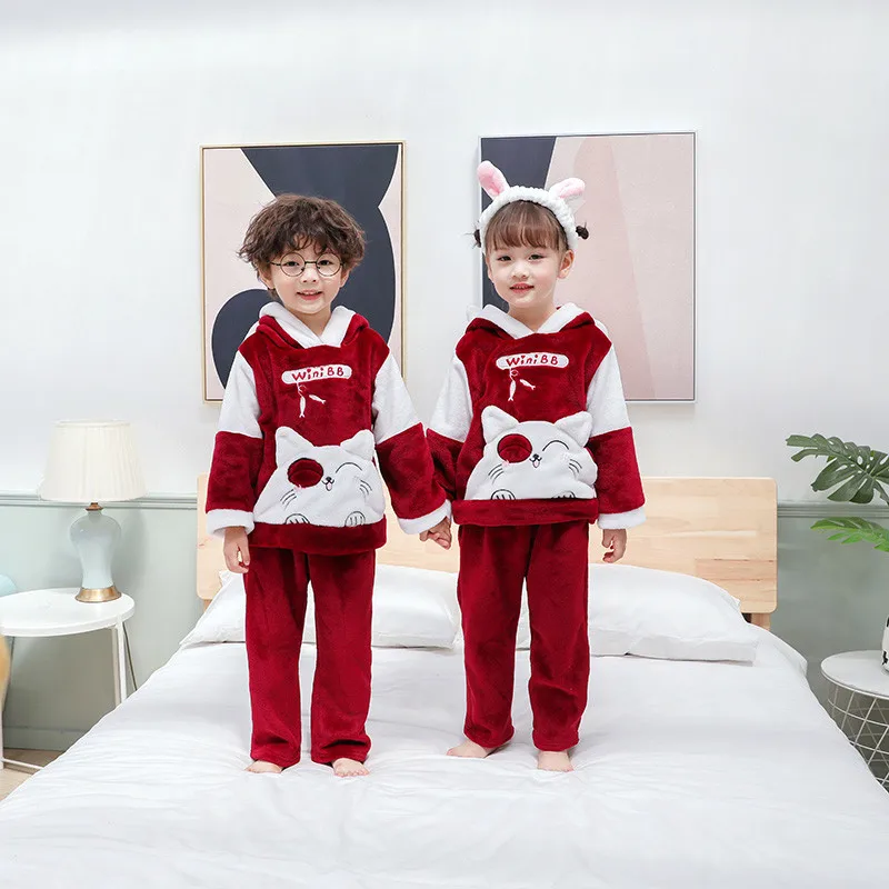 Winter Flannel Kids Pajamas Sets Warm Sleepwear Cartoon CAT Print Baby Girls Boys nightwear Children Girls 1 2 3 4 5 YEARS