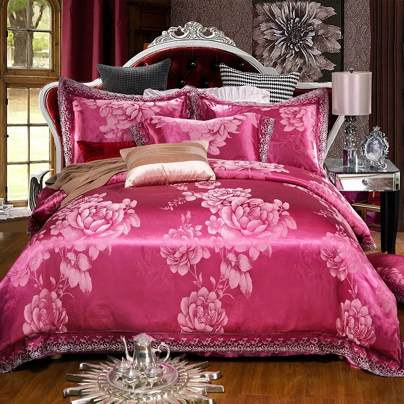 

SILIKOLOVE 4pcs/Set Satin Jacquard Silk Luxury Bedding Sets Cotton Duvet Cover Set Bed Linings Wedding Bedclothes Home Textile