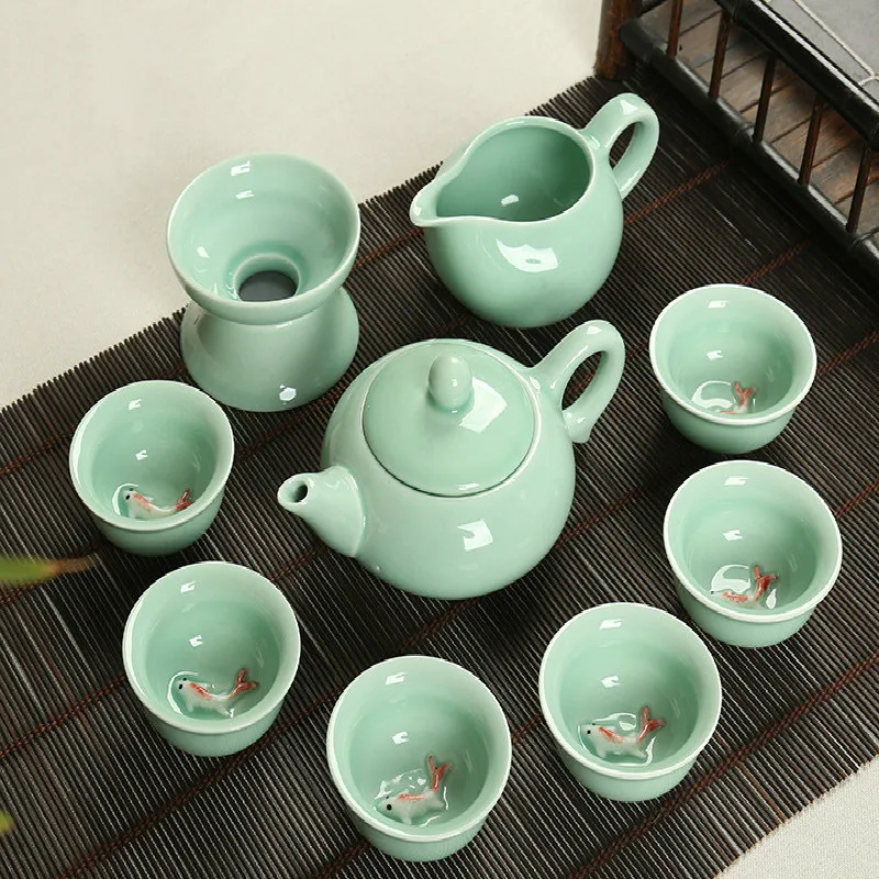

2019 Qing porcelain teacup fish cup tea pot ceramic kung fu tea set office business gift porcelana tea sets