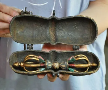 

wedding decoration Tibetan buddhism Bronze Painted Exorcism amulet Vajra Dorje Phurpa Faqi Box set