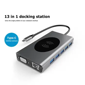 

13 in 1 USB-C to HDMI/VGA/PD/USB 3.0 Hub Wireless Fast Charging Dock Station