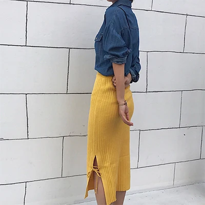 yellow skirts Винтажная трикотажная облегающая юбка Женская Осенняя Повседневная Длинная юбка-карандаш Корейская Сексуальная Женская юбка Harajuku желтые юбки с высокой талией - Цвет: yellow skirts