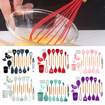 

24pcs/set Storage Bucket Spatula Food Clip Kitchen Utensil Spoon Egg Beater Wooden Handle Heat Resistant Non Stick Cooking Tools