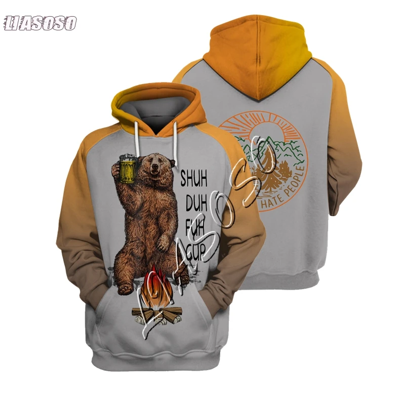 

LIASOSO Cool Patchwork 3D hoodie camping sweatshirt fun beer bear pullover Cool Sweatshirt Men's Hoodie Fashion Camping Hoodie