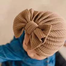 

New Cotton Waffle Knitted Baby Girl Hat Walf Checks Large Bow Infant Bonnet Turban Beanie Girls Toddler Bow Hats HeadWrap Cap