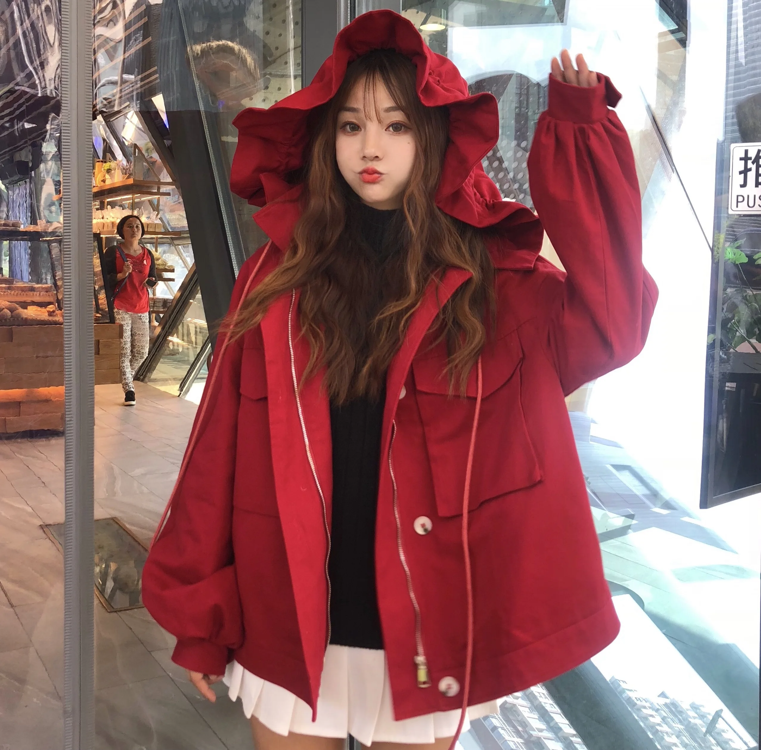 

Early Autumn New Japanese Sweet Girls Coat Ruffle Hooded Lantern sleeve Kawaii Lolita Outwear Womens Long Sleeve Coats Mori Girl