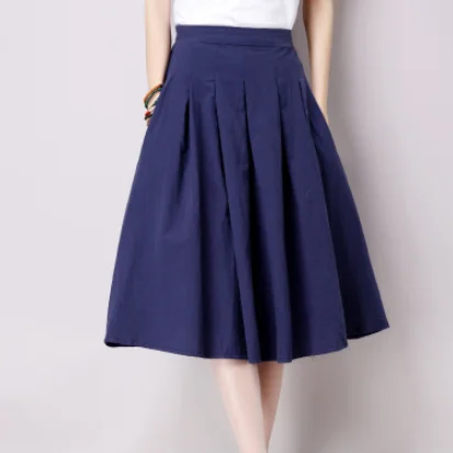 Винтажная летняя Пышная юбка, женские льняные юбки, универсальные повседневные плиссированные одноцветные юбки, женская одежда DA746