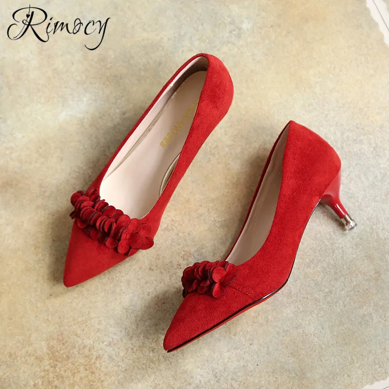 Rimocy/красные пикантные туфли на высоком каблуке; женские туфли-лодочки из флока с острым носком; Женская Офисная обувь для вечеринок; коллекция года; весенняя обувь с цветочным узором; черные туфли на шпильке