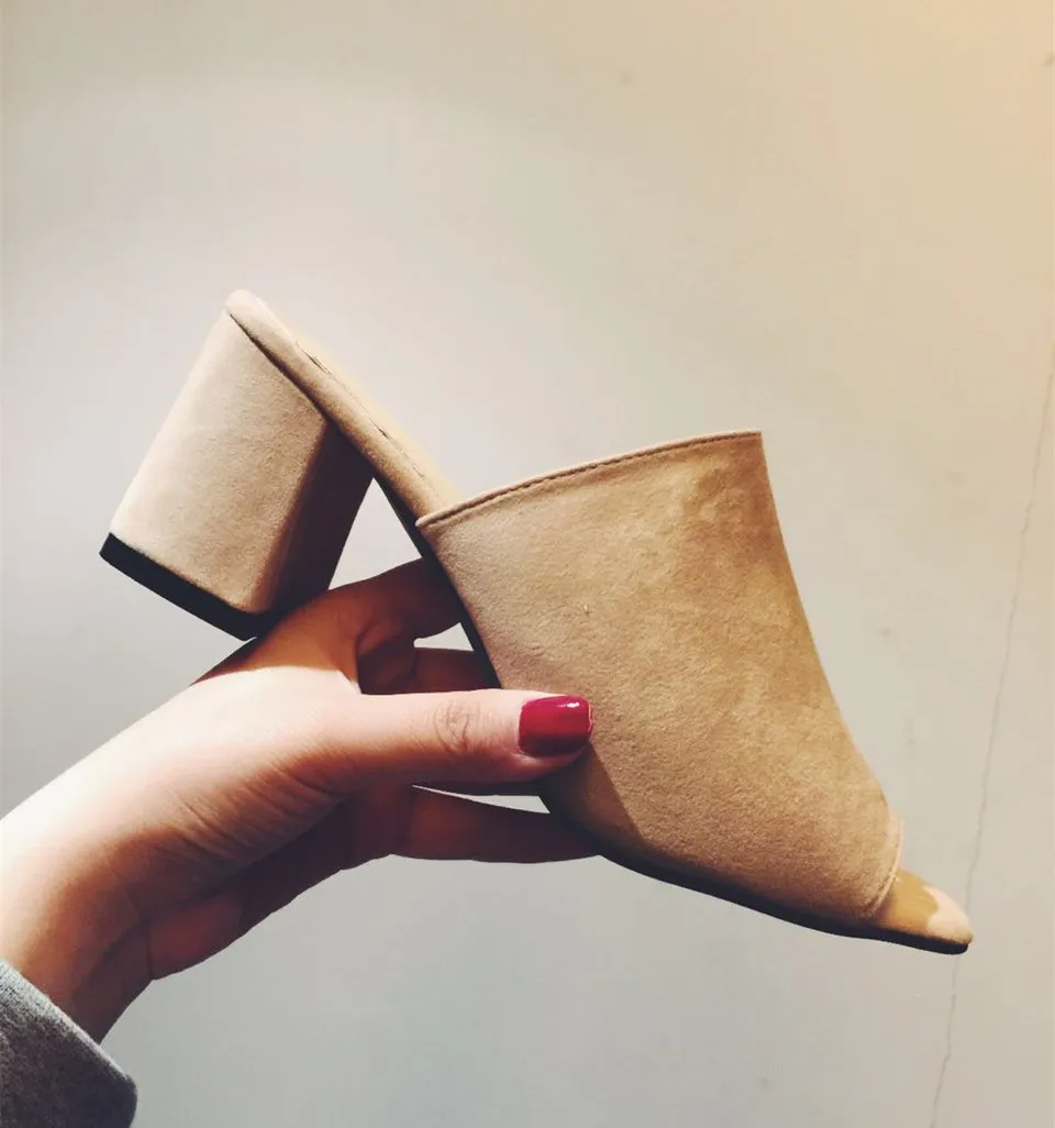 

2017 New Korean Magazine Style High-Heel Versatile Slimming Chunky-Heel Cool Shoes Simple Peep-Toe Slipper Viscose Shoes Elegant