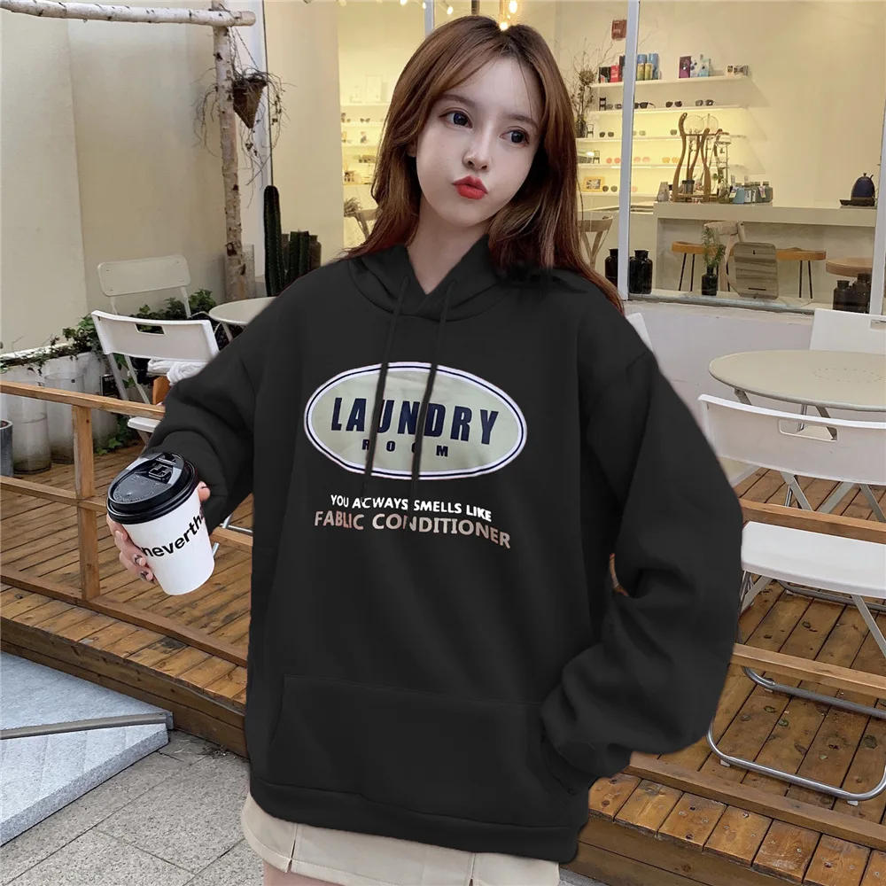 

2020 Autumn And Winter New Style Korean-style Loose-Fit Cartoon Printed Letter Thick plus Velvet Hoodie Women's Middle Long Coat