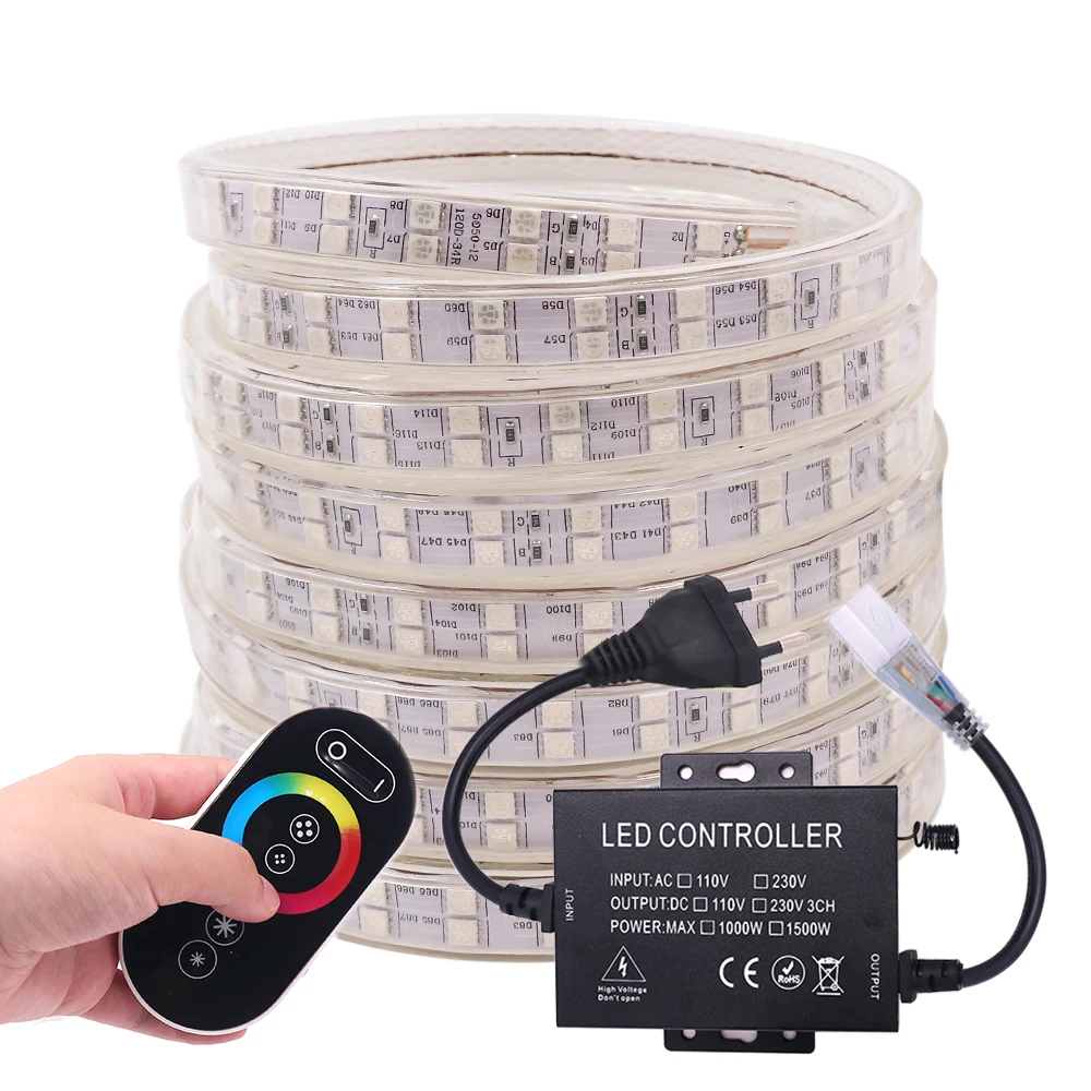 

220V RGB LED Strip Light Touch Remote Control 5050 60LED/120LED Waterproof LED Tape Lights Change Color RGB EU Home Decoration