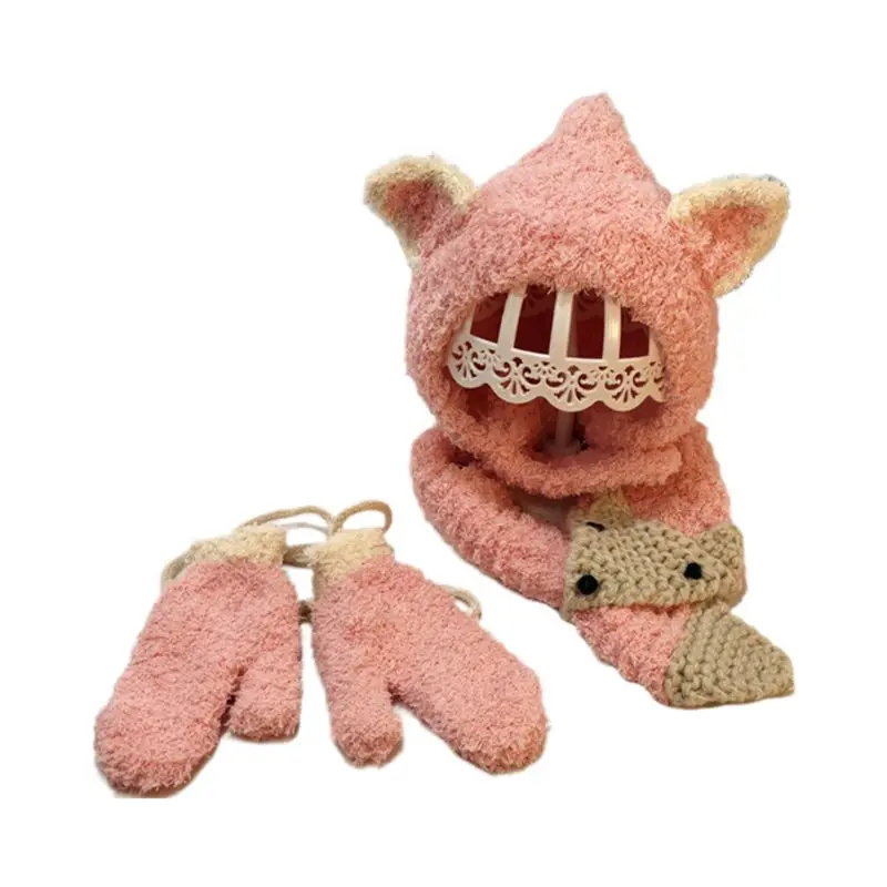 Pink-3PCS 3 In 1 Toddler Baby Kids Thicken Plush Beanie Cap Scarf Gloves Set Cute Cartoon Fox Animal Earflap Hat Winter Warmer for 5-18M - Цвет: Pink-3PCS