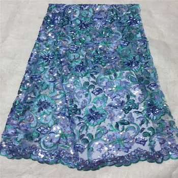 

High quality African net lace fabric with advanced Sequins Blue Color guipure lace fabric.2019 New Nigeria tulle lace fabric