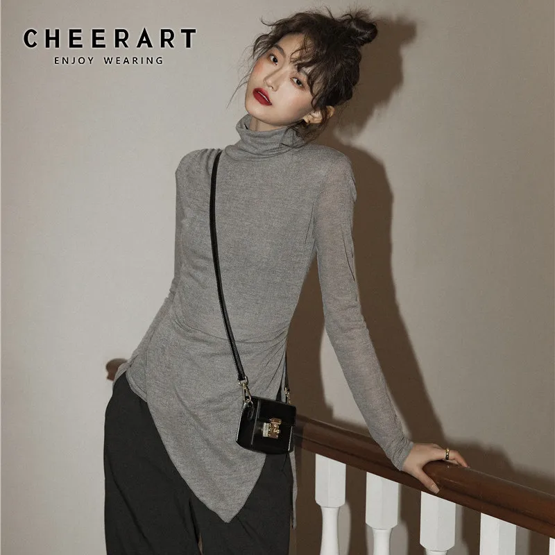 

CHEERART Irregular Turtle Neck Long T Shirt Women Long Sleeve Top Grey Knitted Tee Shirt Underwear Longsleeve 2020 Clothes