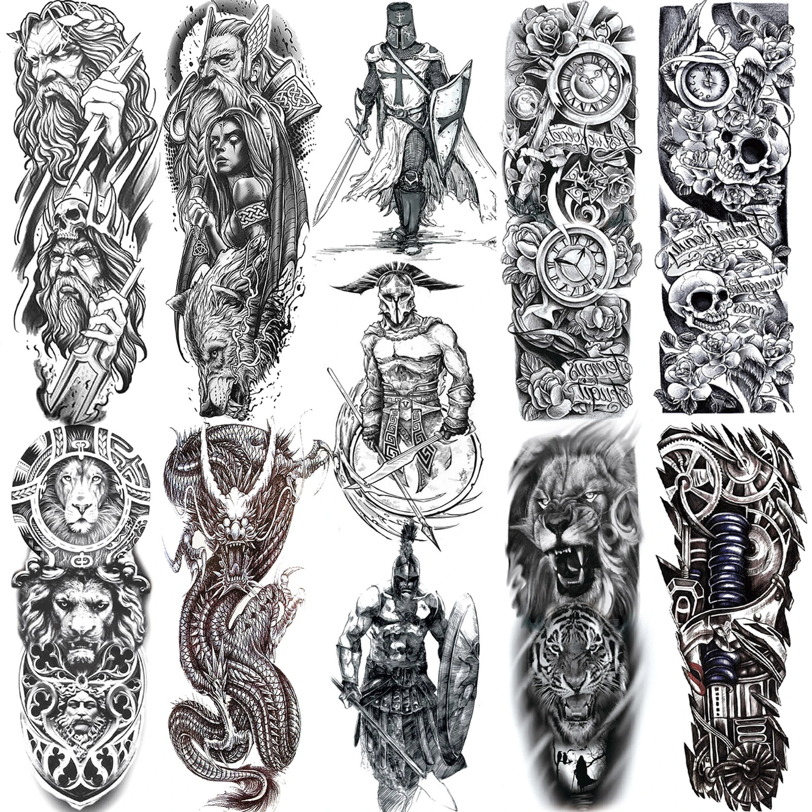 Black Military Maori Totem Temporary Sleeve Tattoos For Men Realistic Fake Full Arm3d Dragon Skull Wolf Lion Robot Tatoos Paste Temporary Tattoos Aliexpress