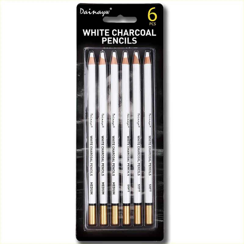 Dainayw White Charcoal Pencils Drawing Set, 6 Pcs Smooth Soft & Medium  Sketching Pencil for Highlighting Art Supplies