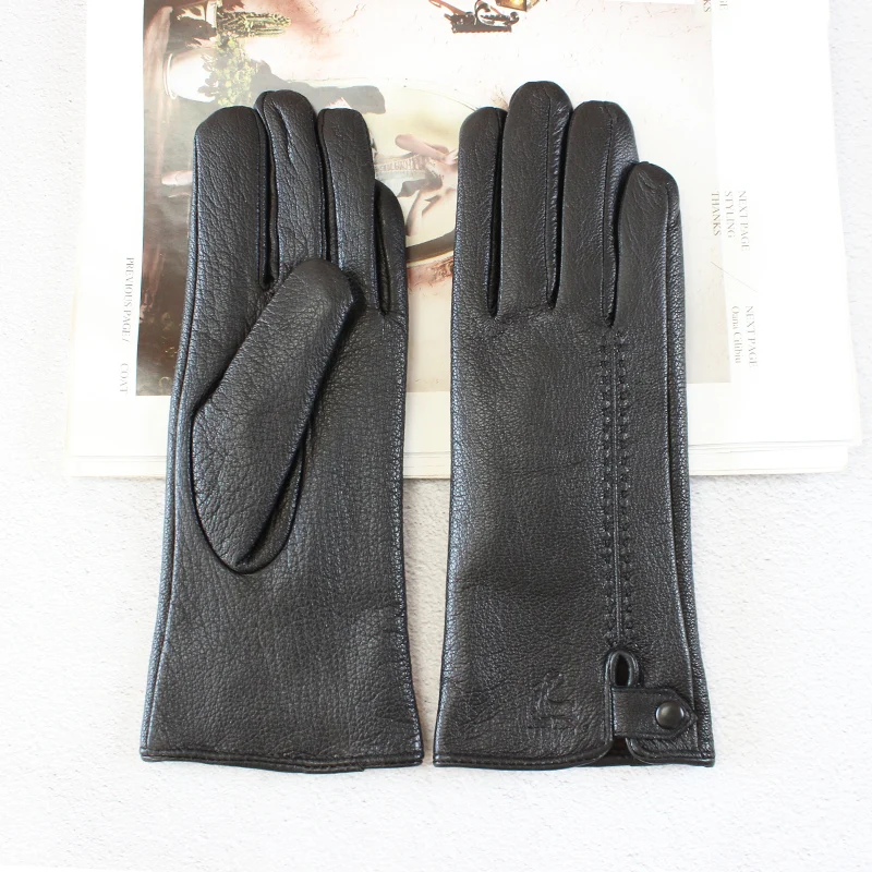 New women's fashion deerskin gloves leather velvet lining thin section driving black gloves to keep warm in autumn and winter