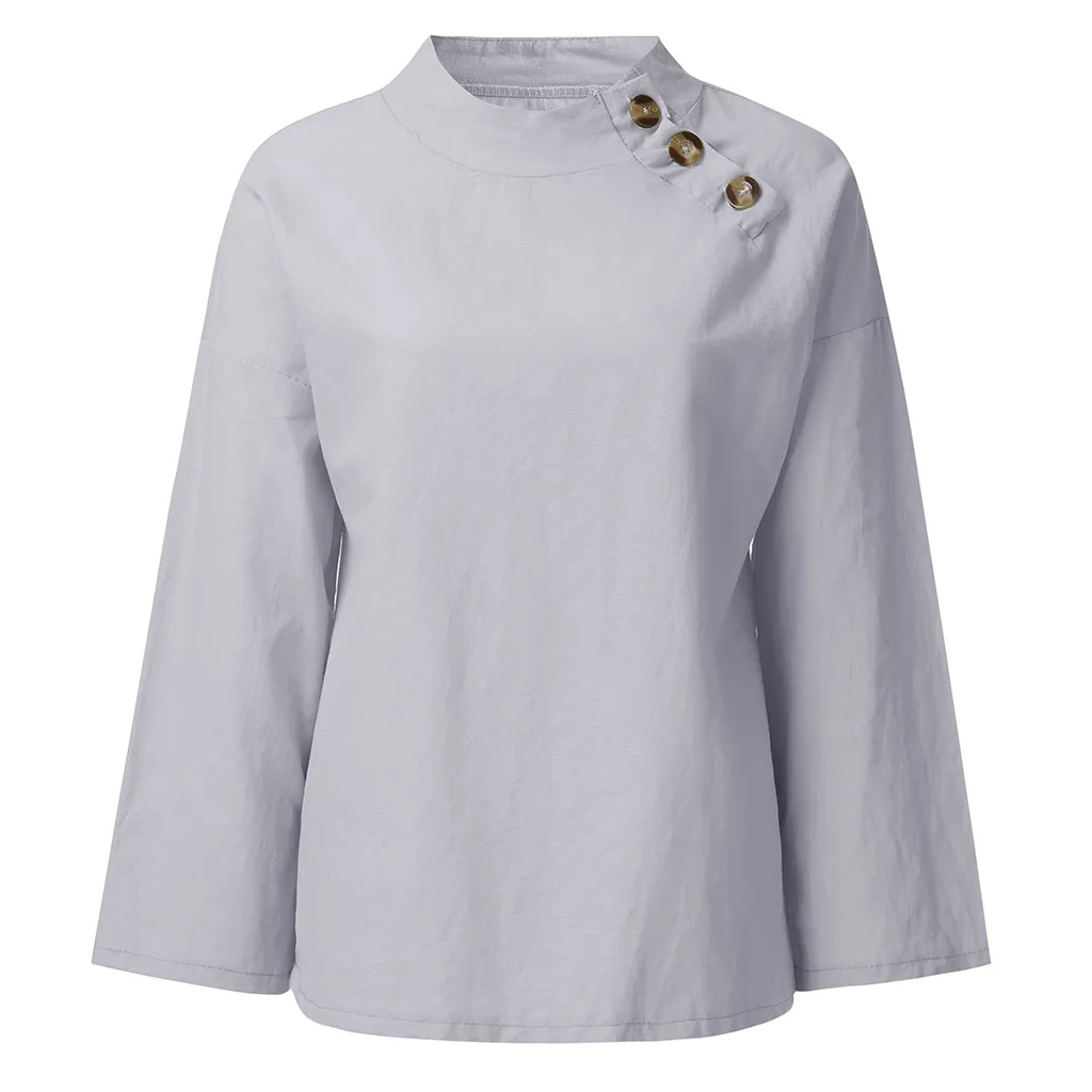 Женская льняная рубашка, топы, блузка с v-образным вырезом, длинный рукав, однотонный хлопок, на пуговицах, пуловер, Женские топы и блузки, рубашка для женщин