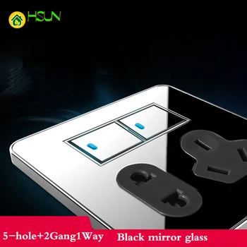 

Type 86 Black Mirror Glass 5 Hole +2Gang1Way Switch Socket LED Any Point Light Switch Socket Panel