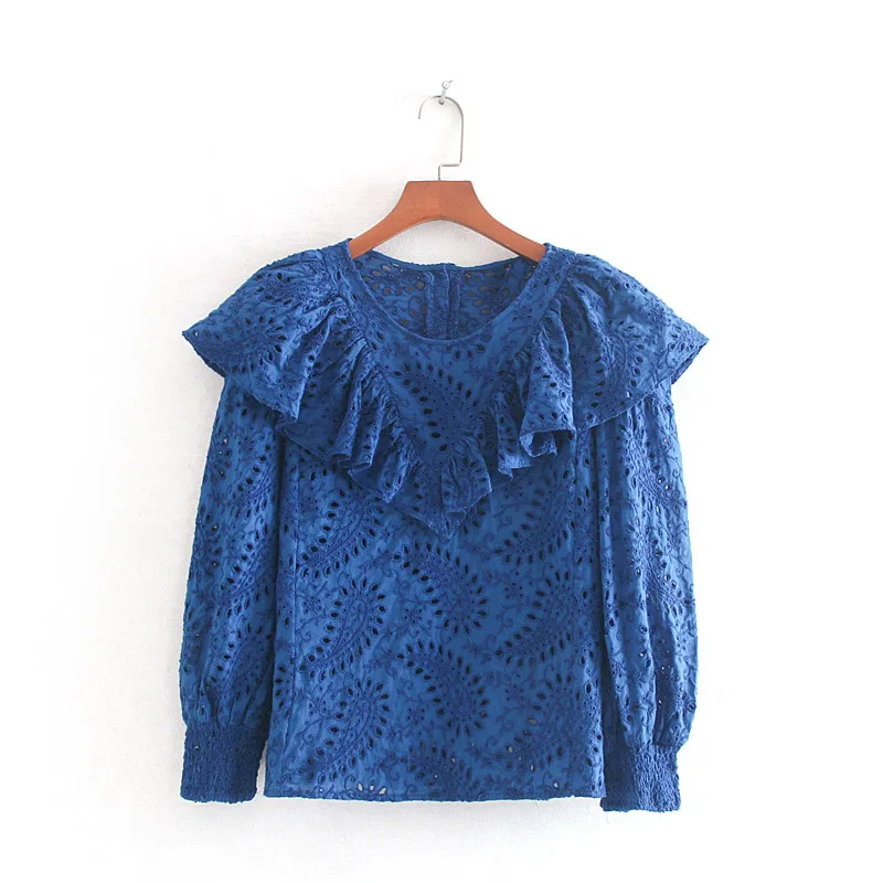 

Women sweet ruffles embroidery hollow out blouse long sleeve O neck Eyelet shirts female casual chic tops blusas