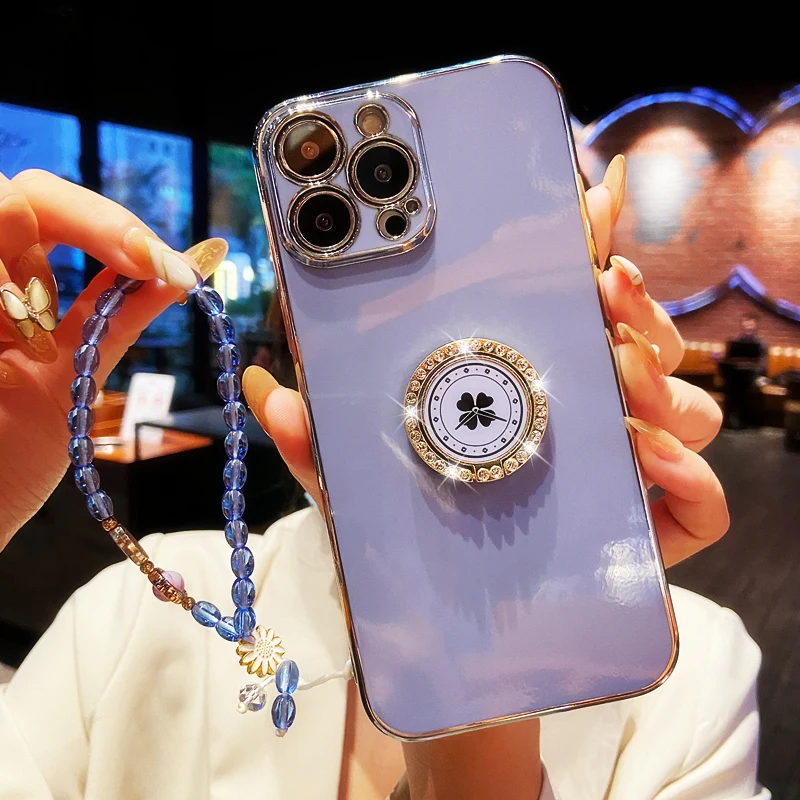 Luxury Diamond Plating Ring Holder Stand Soft Case For IPhone 13 12 11