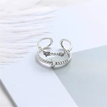 

925 Sterling Silver Rings For Women Double Layer Star Moon Zircon Femme Fashion Fine Jewelry Simple Open Ring Vintage 925-856
