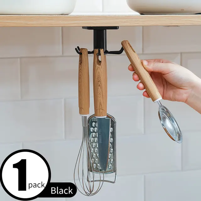 Kitchen Storage Hook Wall Mounted Rotate Kitchenware Organizer Rack Spoon Holder Cupboard Shelf Wall Door Hanging Key Hook Hot A-Black