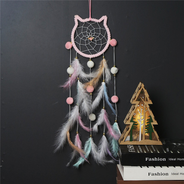 Style Cat Head Dreamcatcher Wind Chimes Wall Hanging Decoration Room Decor For Kid Girls Bedroom Hairball Hanging Pendant