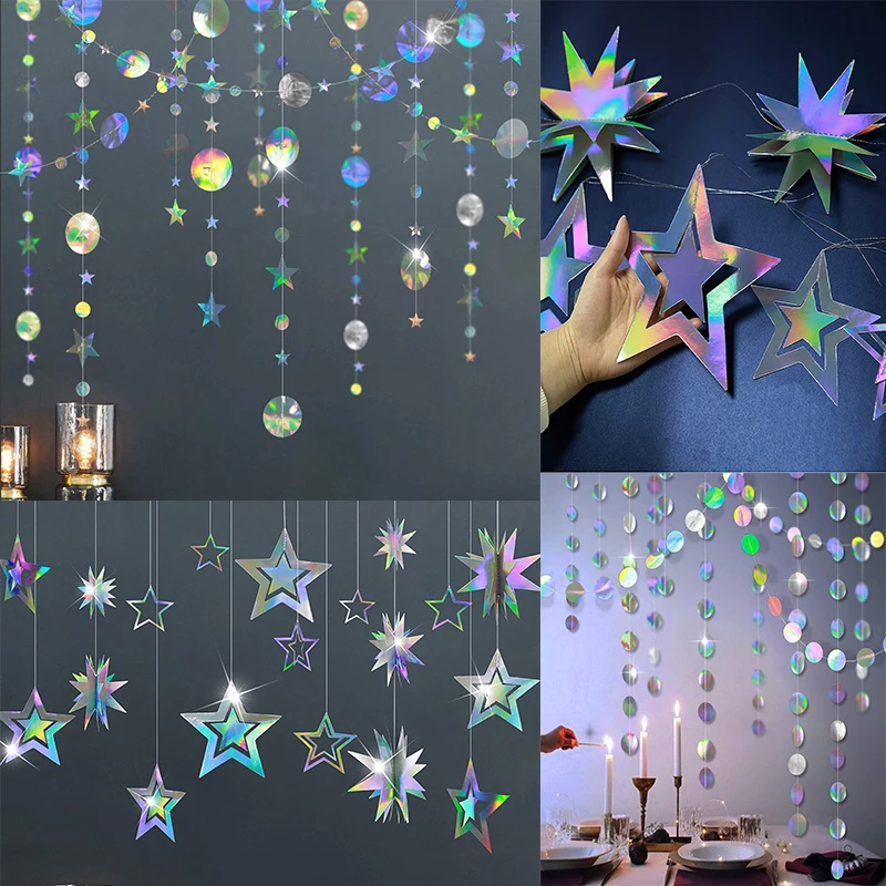 Iridescent Paper Leaf Snowflakes Garland Mermaid Birthday Tea Party Hanging Leaves Star Streamer Xmas New Year Banner Decoration birthday streamers,paper birthday banner,birthday banner,paper garland,party decorations
