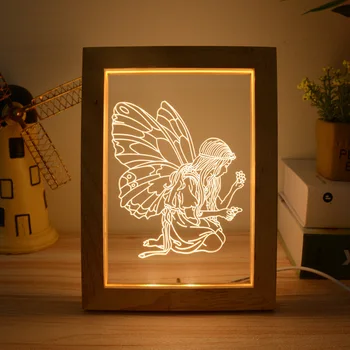

Elves Shape Wood Photo Frame Night Light USB LED Butterfly Fair Desk Table Lamp for Children Bedroom Decoration Kids Gift