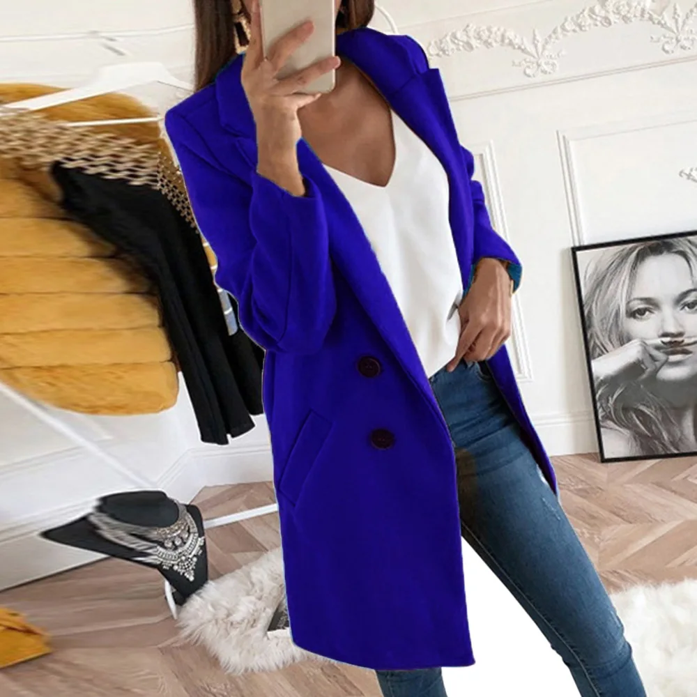 ELSVIOS осенне-зимнее пальто с отложным воротником Женская Длинная шерстяная куртка сплошная женская повседневная куртка на пуговицах Windbreake 5XL - Цвет: Blue