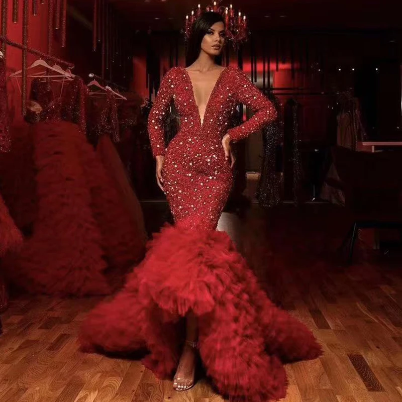

luxury red full sleeve evening trumpet dress Diamonds Sequined sparkly glitter Mesh cascading Ruffle dresses woman party night