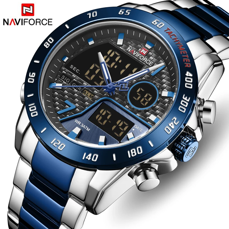 NAVIFORCE, Топ бренд, мужские часы с двойным дисплеем, мужские Модные Аналоговые Цифровые часы с хронографом, спортивные водонепроницаемые кварцевые наручные часы