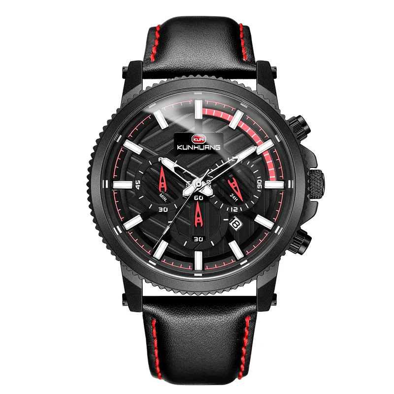 

KunHuang 1001 Men's Business Wrist Watches Calendar Quartz Clock Waterproof Sports Military Chronograph Men Leather Watch Reloj