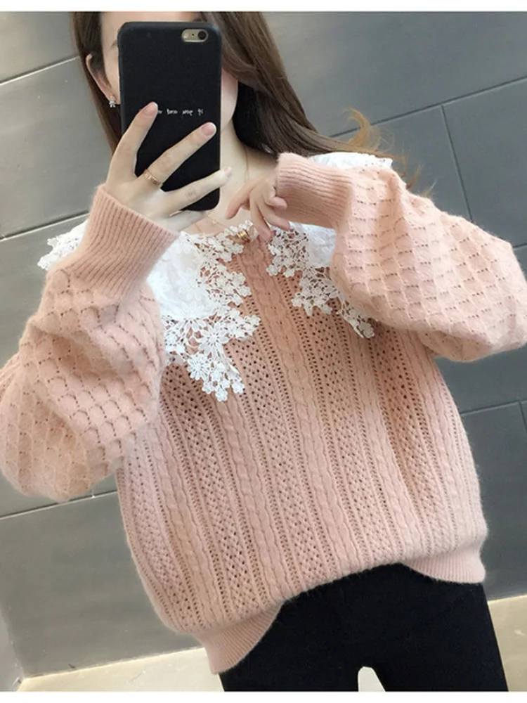 pullover sweater 2022 Spring Autumn Sweater Female Korean Version Loose Autumn Winter Outer Wear Lace Doll Collar Knit Pullover Top christmas sweatshirt